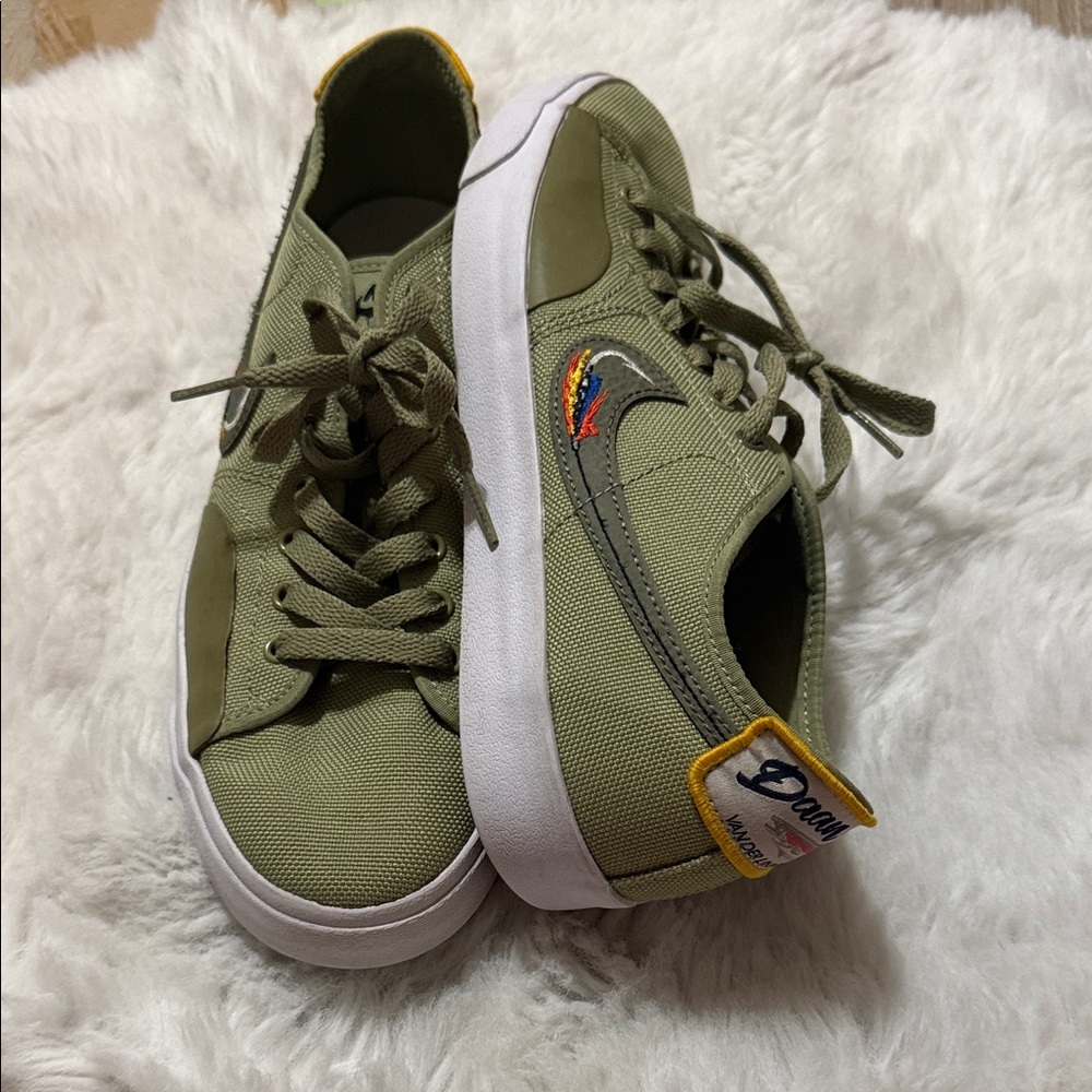 Nike Olive Sneakers with Colorful Fishing Hook Swoosh